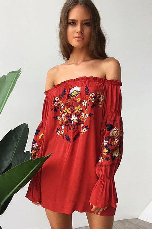 Off the Shoulder Floral Embroidered Dress