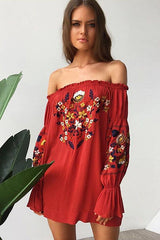 Off the Shoulder Floral Embroidered Dress