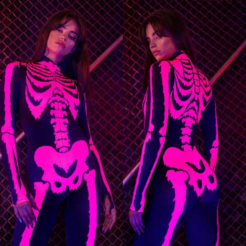 Sexy Glow In The Dark Green and Pink Skeleton Halloween Costume Women