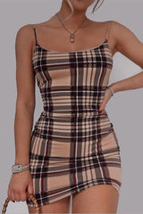 Sleeveless Plaid Print Spaghetti Strap Sexy Dress Mini Elegant Female Fashion