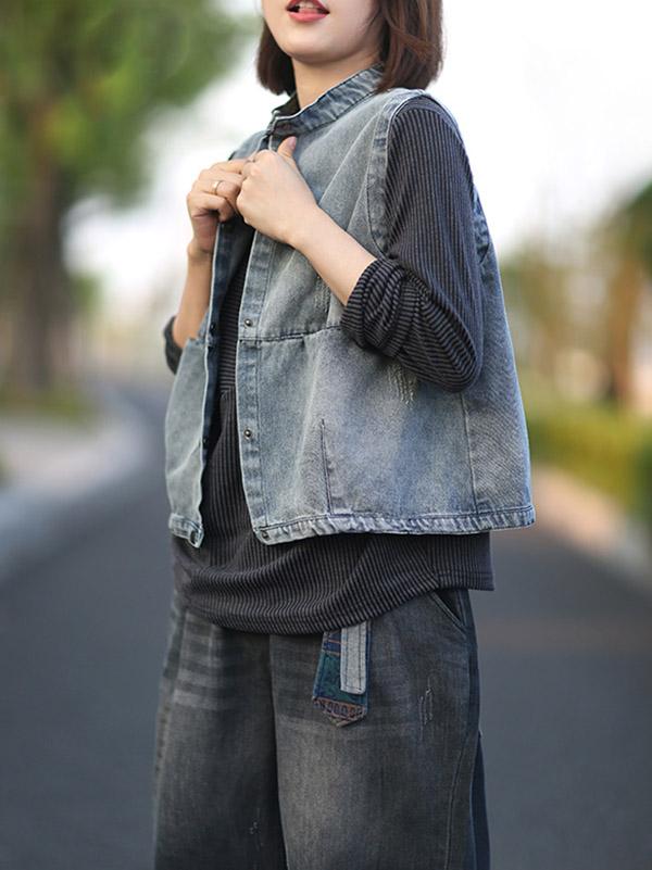 Vintage Stand Collar Sleeveless Jean Vest Coat