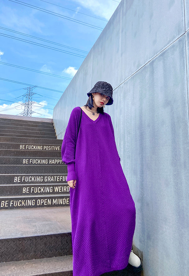 Knitted Loose V-Neck Long Sleeve Solid Color Midi Sweater Dress