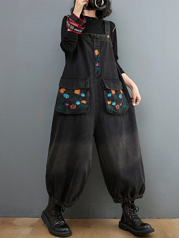 Vintage Embroidered Printed Denim Jumpsuit