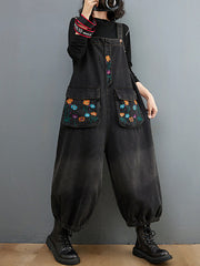 Vintage Embroidered Printed Denim Jumpsuit