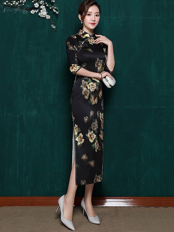 Mulberry Silk Black Floral Split-side Stand-collar Long Cheongsam