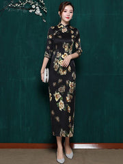 Mulberry Silk Black Floral Split-side Stand-collar Long Cheongsam