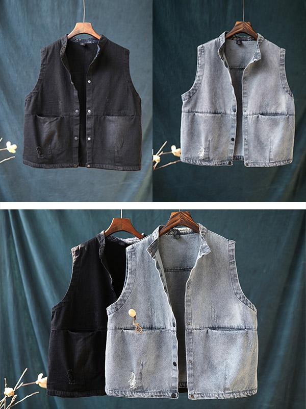 Vintage Stand Collar Sleeveless Jean Vest Coat