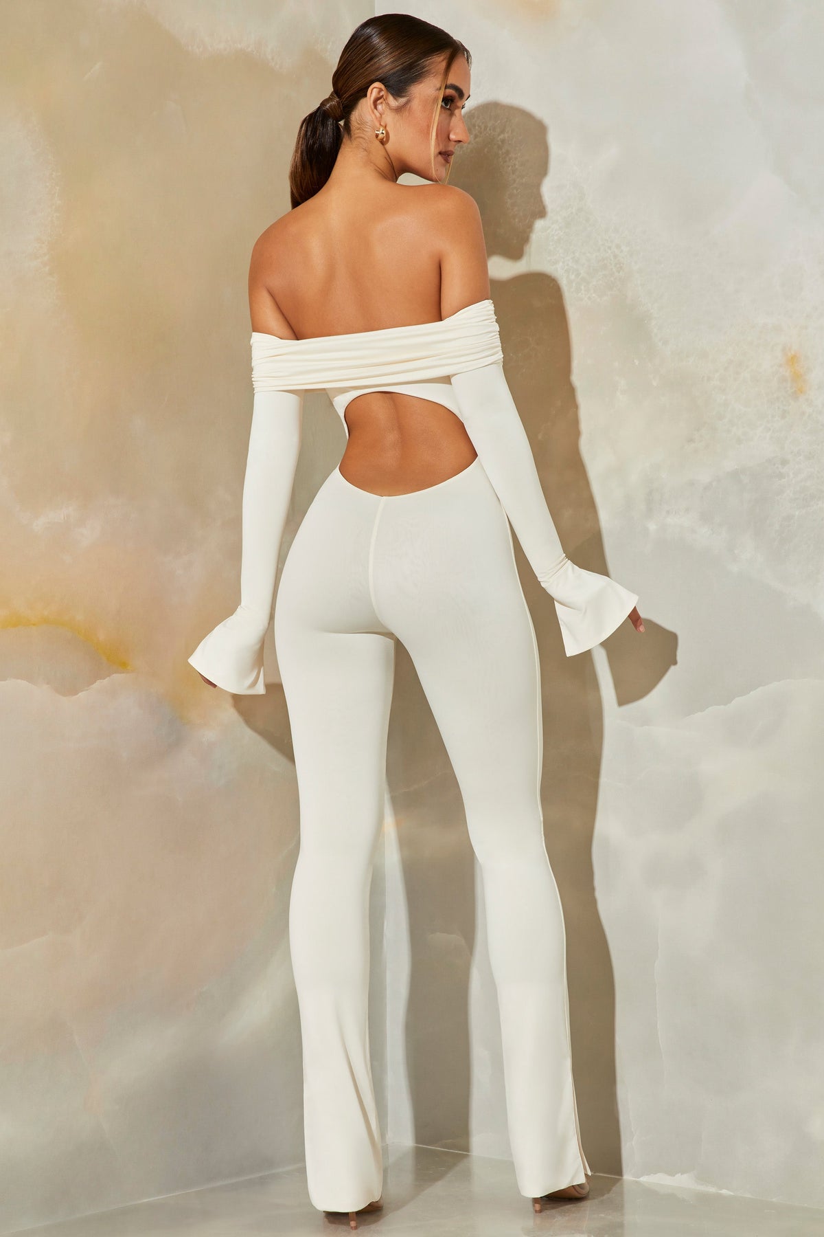Long Sleeve Open Back Jumpsuit in White