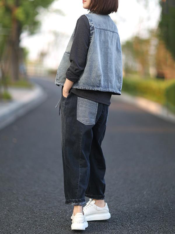 Vintage Stand Collar Sleeveless Jean Vest Coat