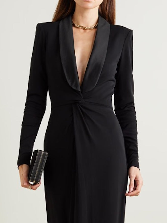 Long Sleeves Skinny Solid Color Deep V-Neck Maxi Dresses