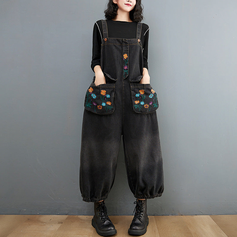 Vintage Embroidered Printed Denim Jumpsuit