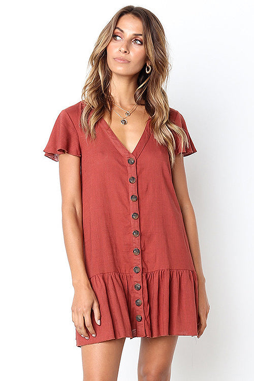 Button-up V-neck Ruffle Mini Dress - 4 Colors