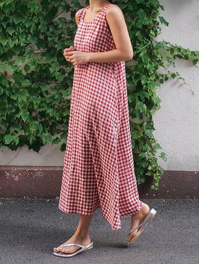 Sleeveless Plaid Loose Plus Size Midi Dresses