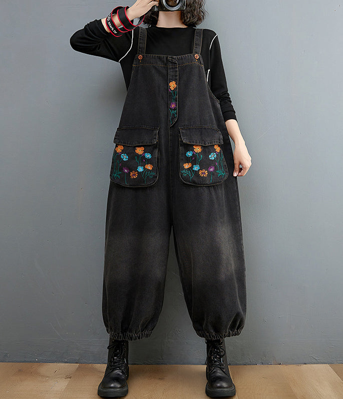 Vintage Embroidered Printed Denim Jumpsuit