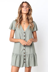 Button-up V-neck Ruffle Mini Dress - 4 Colors