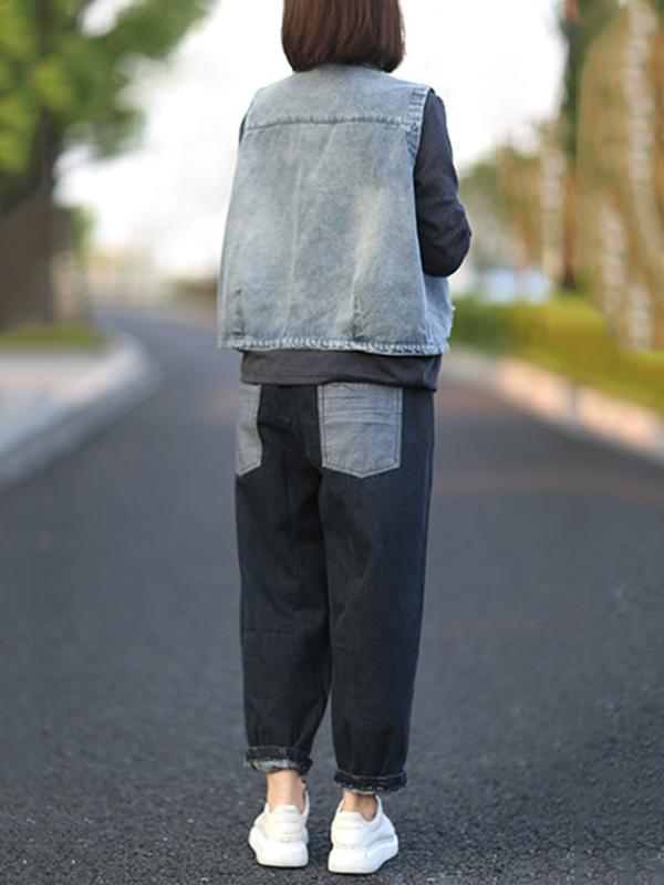 Vintage Stand Collar Sleeveless Jean Vest Coat