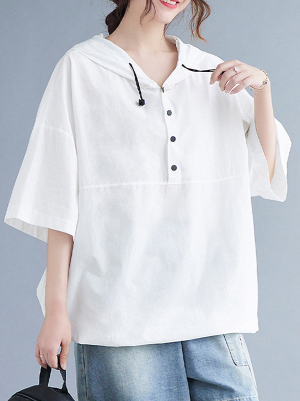 Loose Hooded Breasted Drawstring T-Shirt