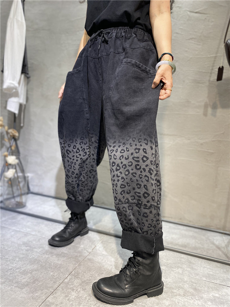 Vintage Elastic Waist Lace-Up Denim Harem Pants