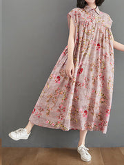 Lapel Floral Print Sleeveless Loose Casual Dress