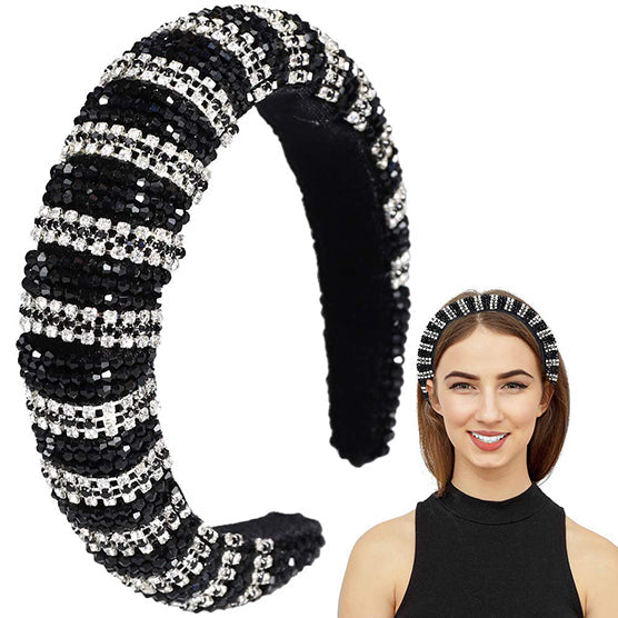 Rhinestone Headbands for Women Fashionable Jeweled Handmade Wide Hair Hoops Beaded Bling HairBand Hair Accessories for Women Girls Party Supplies（Black and White Crystal)