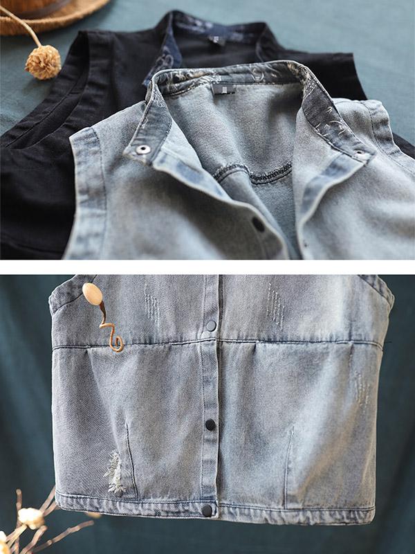 Vintage Stand Collar Sleeveless Jean Vest Coat