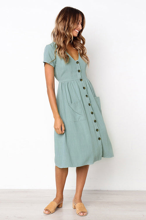 Button-Up Pocket Short Sleeve Dress - 6 Colors