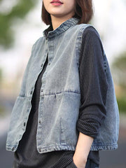 Vintage Stand Collar Sleeveless Jean Vest Coat