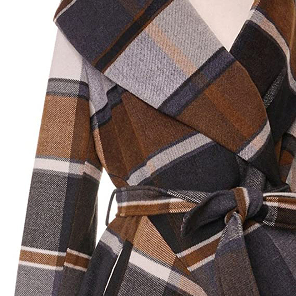 Lace-Up Check Color-Block Woolen Coat