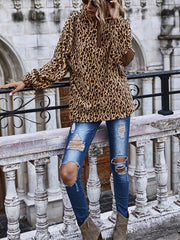 Women Stitching Leopard Print Round Neck Loose Sweatshirt