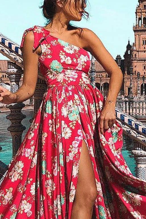 One Shoulder Sleeveless Women Summer Floral Maxi Dress