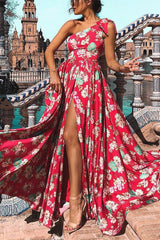 One Shoulder Sleeveless Women Summer Floral Maxi Dress