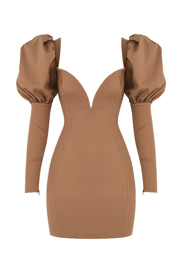 Caramel Puff Sleeve Mini Dress