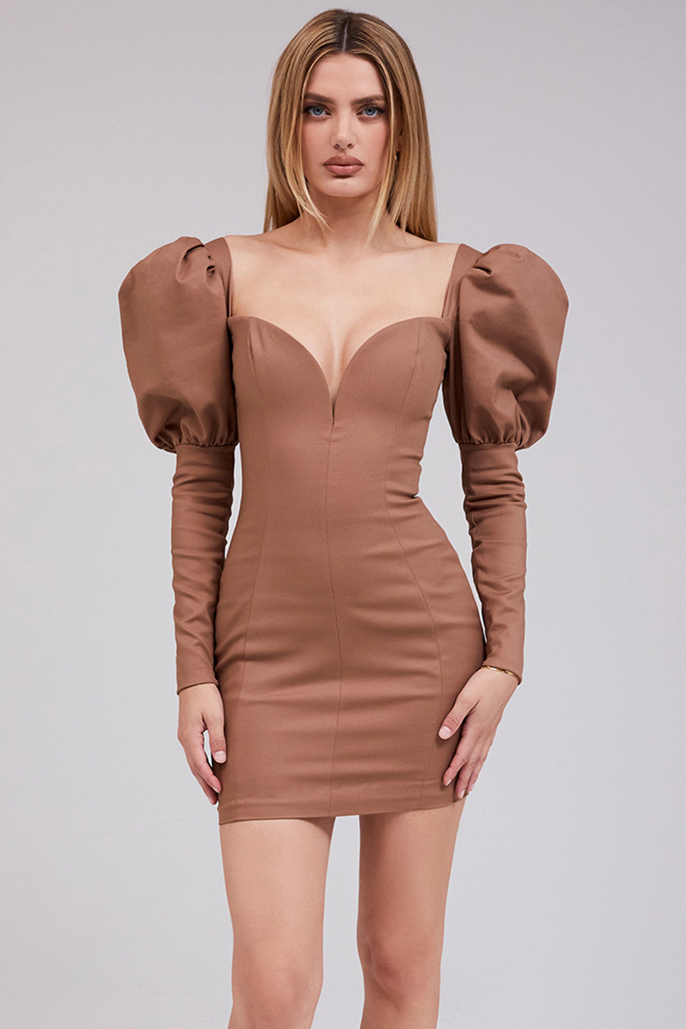 Caramel Puff Sleeve Mini Dress