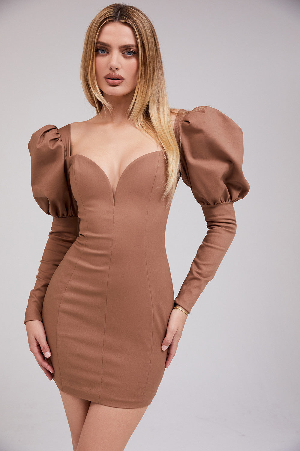 Caramel Puff Sleeve Mini Dress