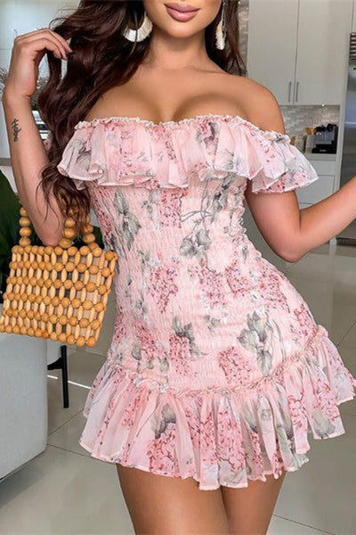 Pink Floral Print Ruffles Off Shoulder Shirring Dress
