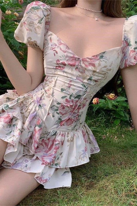 French Style Summer Elegant Floral Print Dress