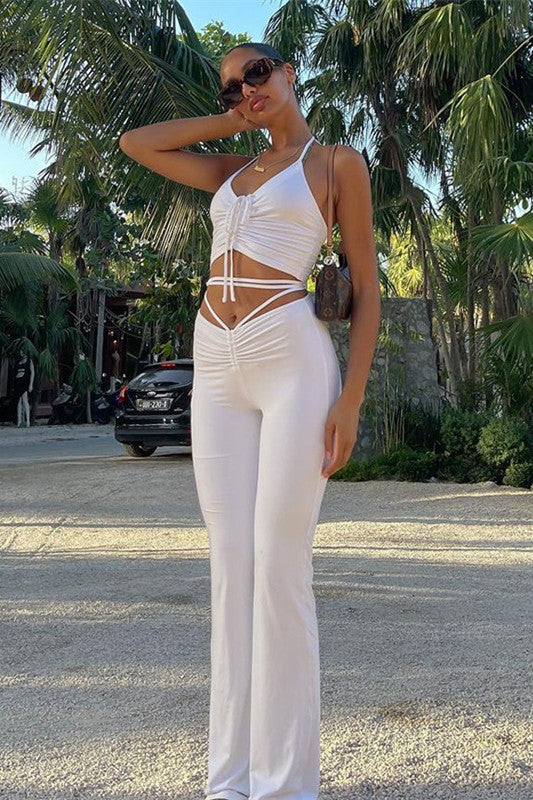 Sexy Halter Crop  Low Waist Flare Pants Two Piece Set