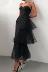 Modern Soft Satin Evening Party Dress Sweetheart Organza Tiered Sweetheart