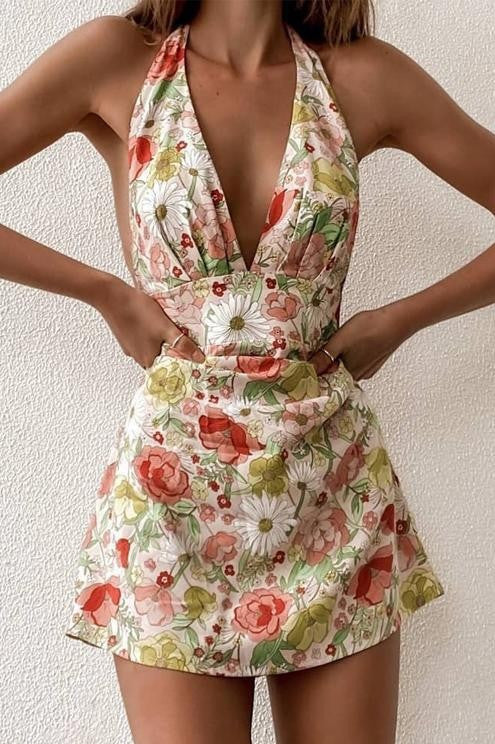 Floral Print Halter Backless Mini Dress