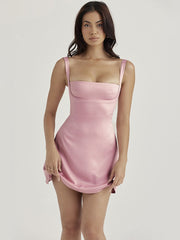 Pink Satin Spaghetti Strap Mini Dress