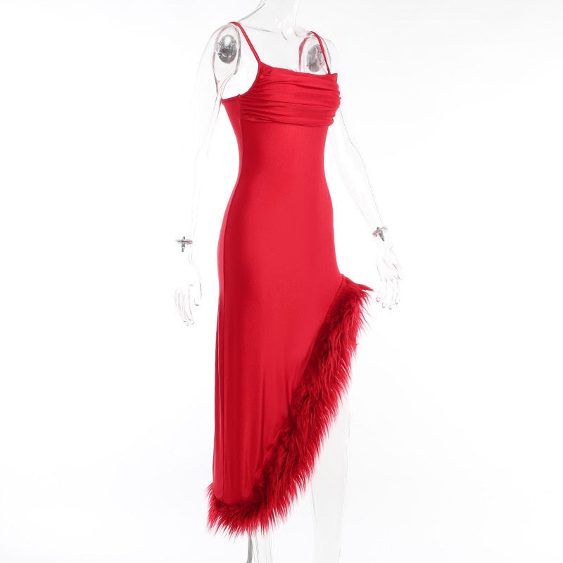 Strappy High Slit Feather Maxi Dress