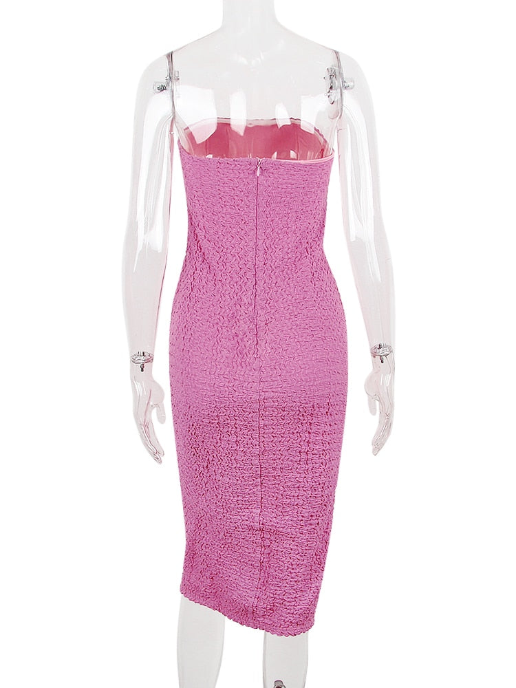 Pink Corset Crinkly Textured Midi Bodycon Dress