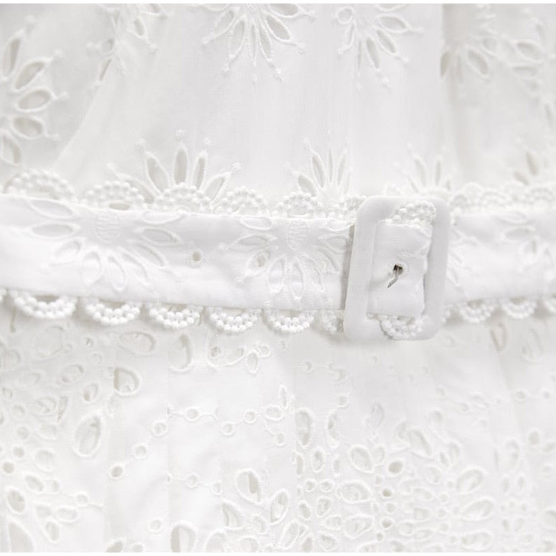 White Hollow Out Pattern Halter Belt Maxi Dress