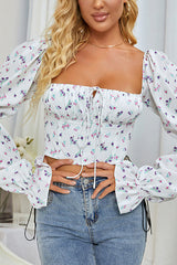 Floral Flared Sleeve Lace-up Top