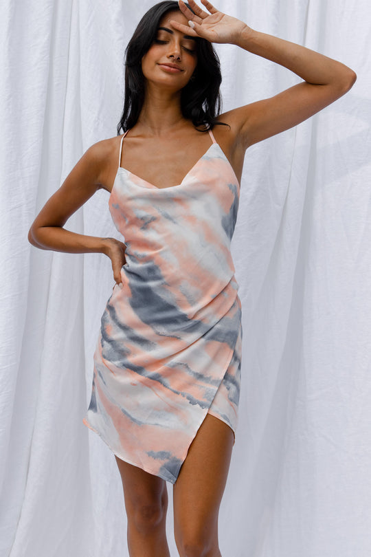 Tie-dye Print Cowl Neck Wrap Front Mini Dress