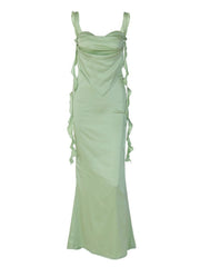 Satin Ruffle Fringed Backless Long Dress