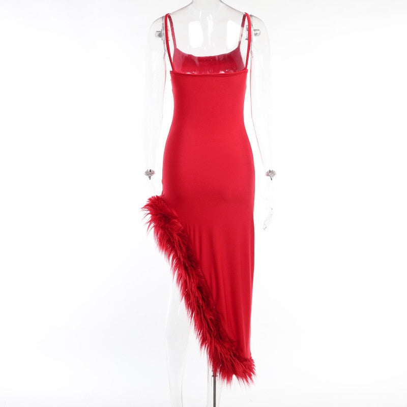 Strappy High Slit Feather Maxi Dress