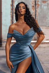 Sexy Blue Long Off-the-shoulder High Split Evening Dresses