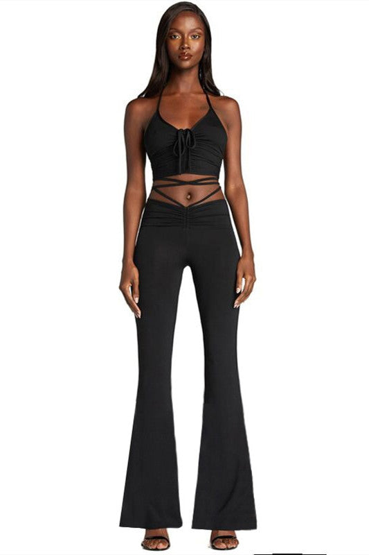 Sexy Halter Crop  Low Waist Flare Pants Two Piece Set