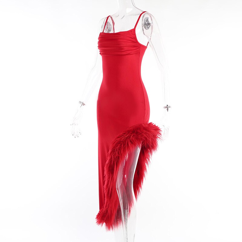 Strappy High Slit Feather Maxi Dress